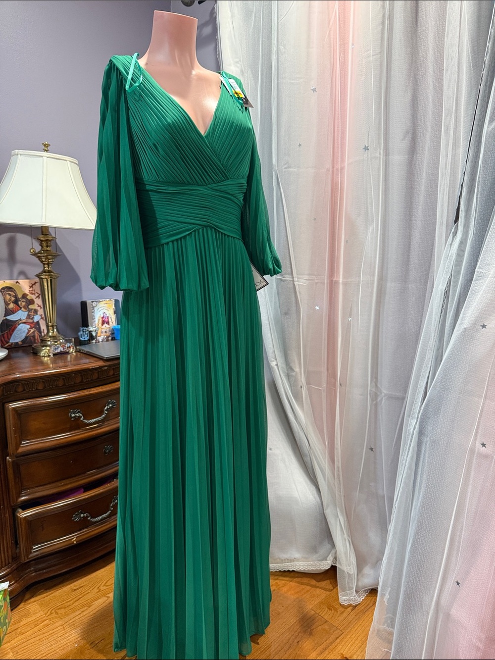 Betsy & Adam Emerald Green Pleated V-Neck Maxi Dress